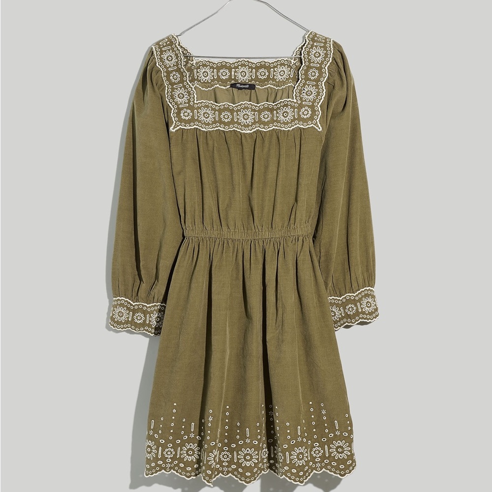 Madewell Embroidered Corduroy Square-Neck Mini Dress